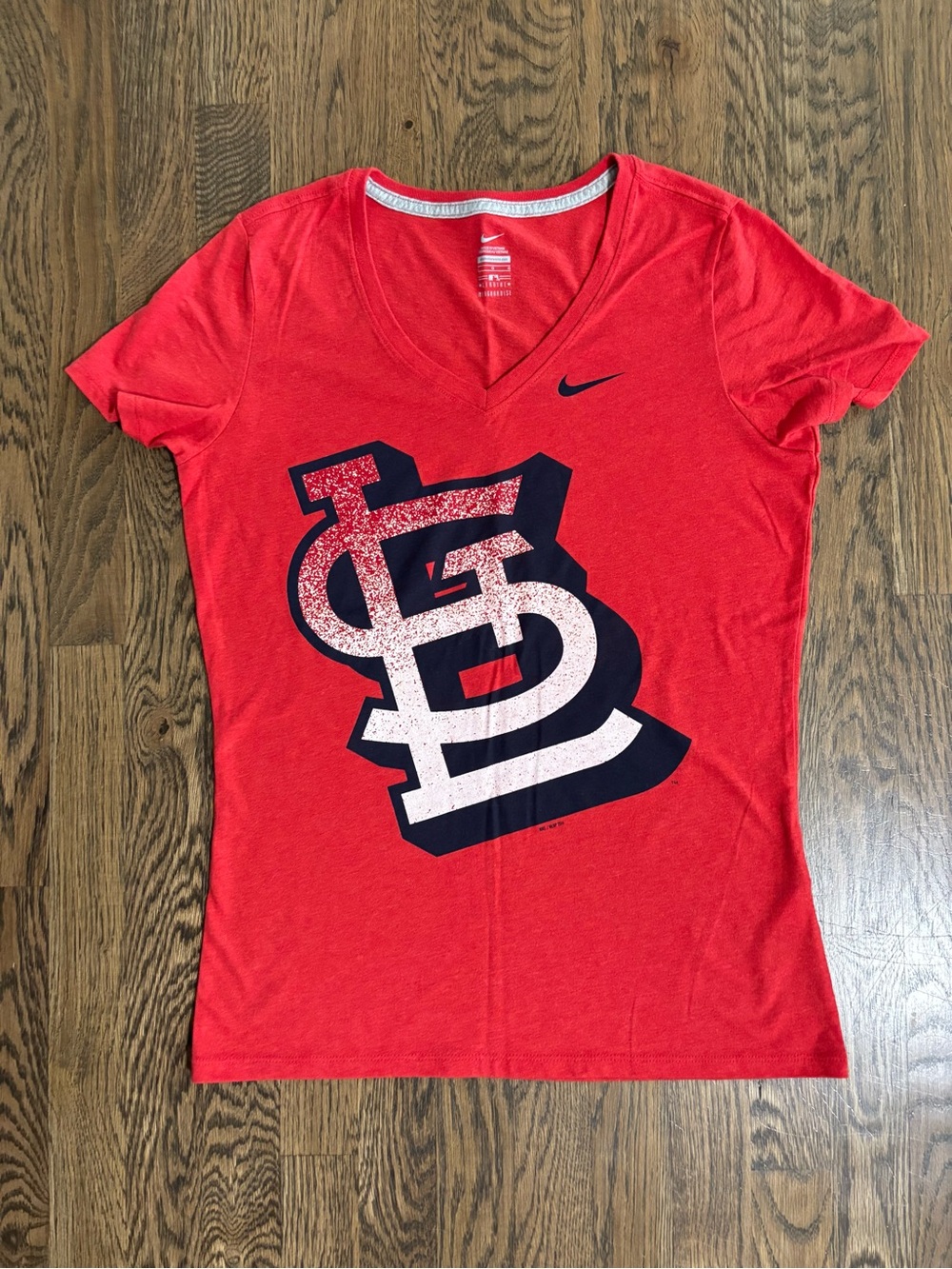 Nike Women’s Red Short Sleeve V-Neck Tee with Navy and White Logo